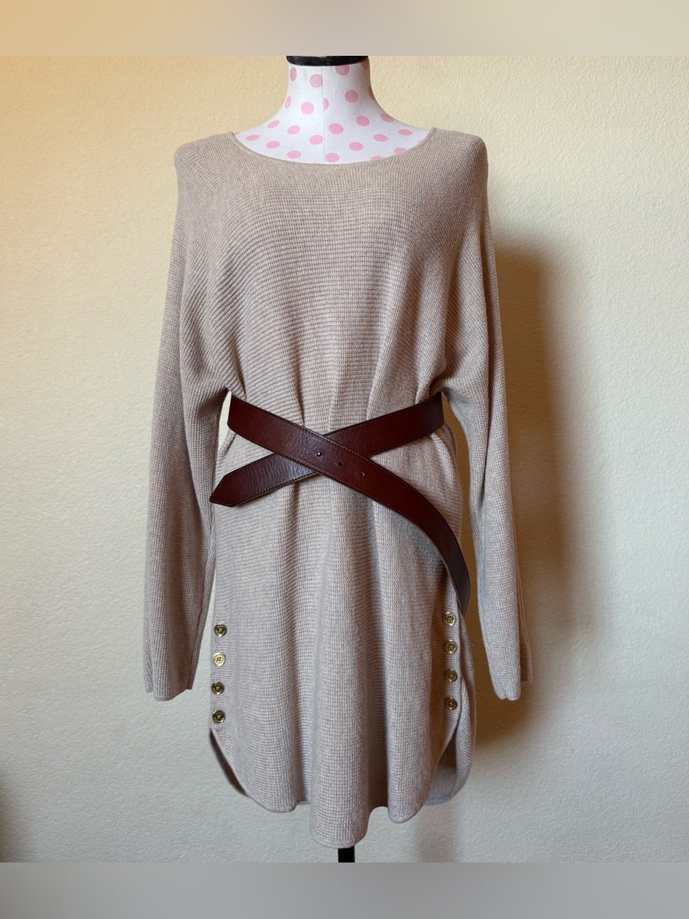 Michael Kors Tan Waffle Knit Side Button Tunic Sweater Dress